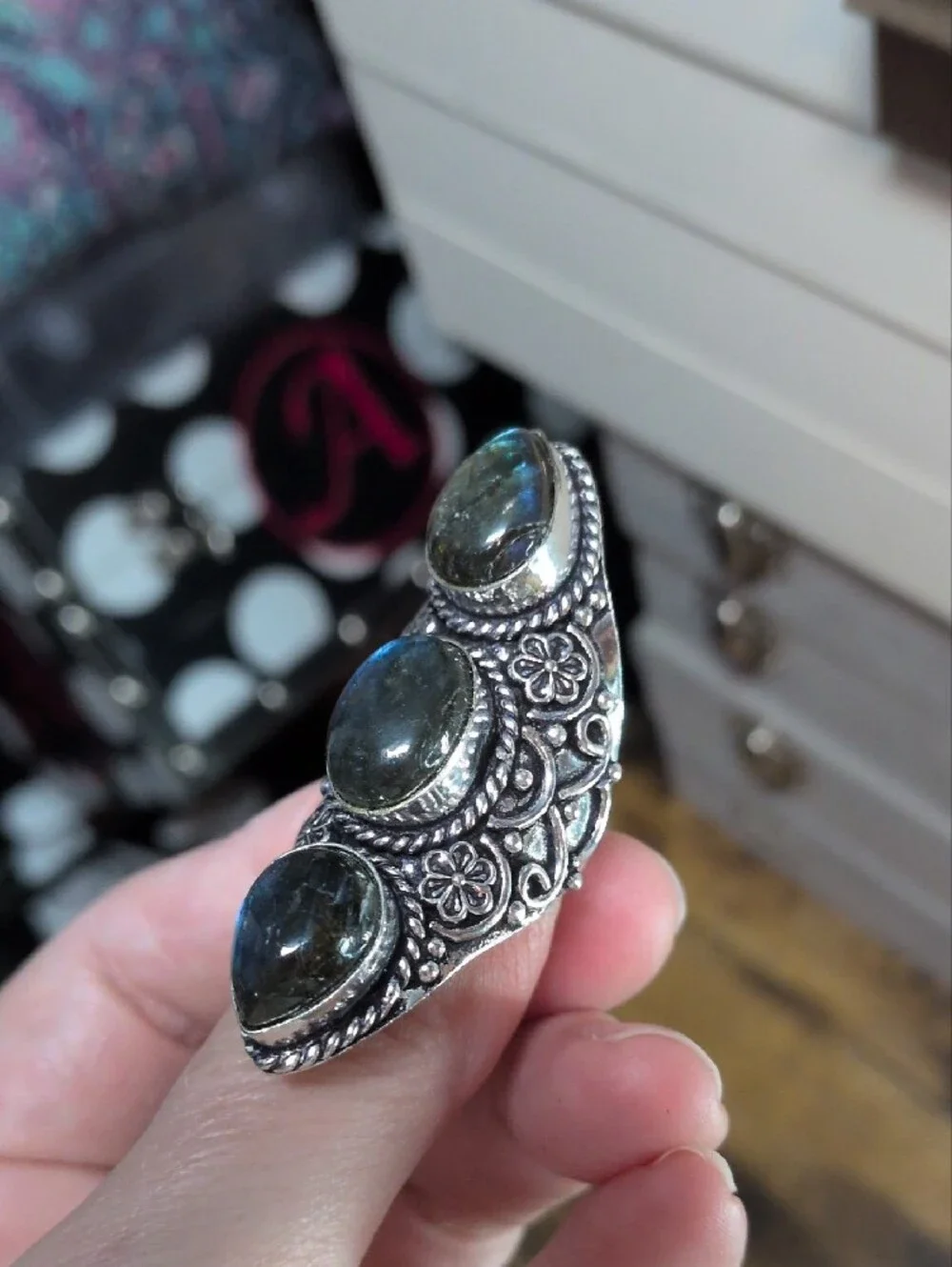 Sterling Silver Labradorite Triple Stone Statement Ring - Blue